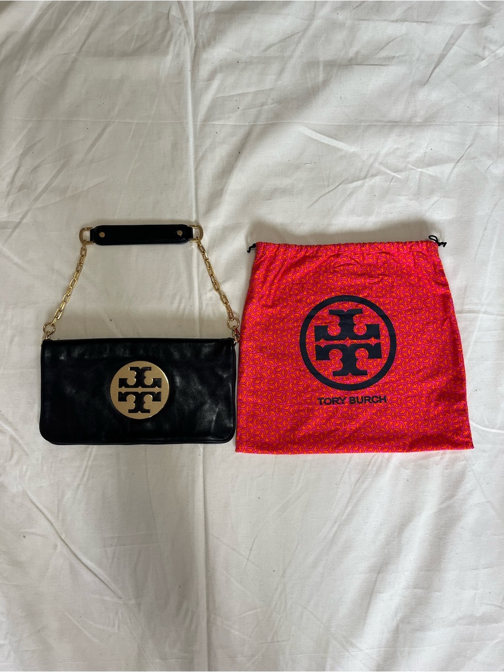 Tory Burch Black Leather Clutch with Gold Logo Medallion